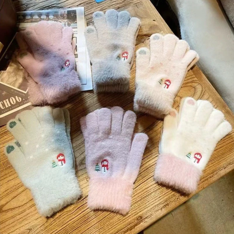 Winter Christmas Snowman Embroidered Knitted Gloves: Warm, Plush, Touchscreen Mittens – Cute Hand Warmers for Women Girls Gift