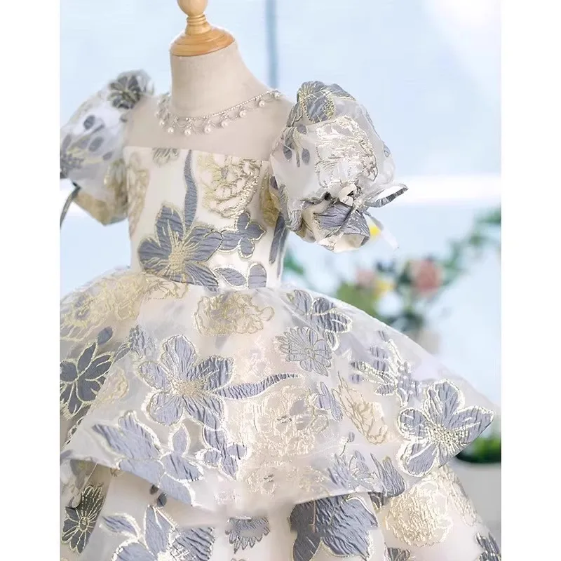 

Новое детское платье принцессы 2024 года с дизайном, пышными рукавами, коротким платьем спереди и длинной спиной, пышное платье для выступлений на фортепиано для девочек