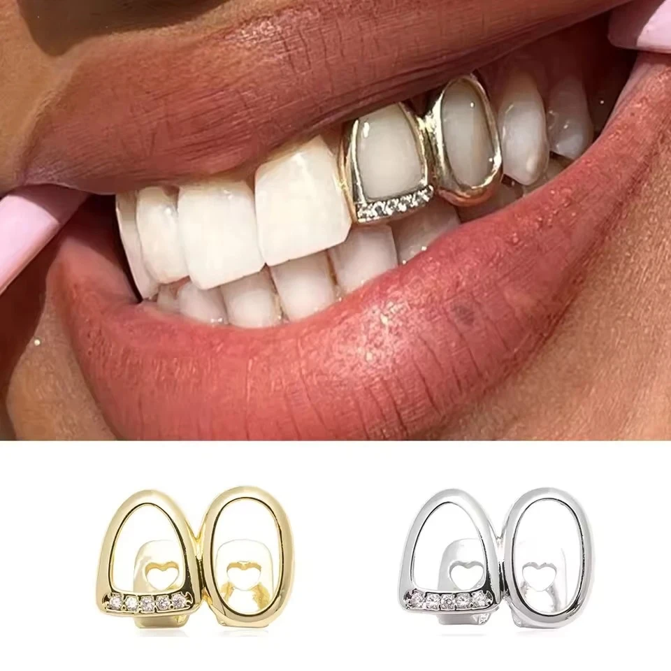 Iced Out Zircon Double Hollow Teeth Grillz Braces Hip Hop CZ Stones Tooth Caps For Women Men Jewelry Cosplay Gift