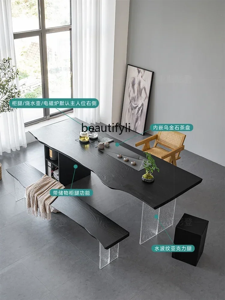 Black Solid Wood Tea Table  with Tea Tray Kettle Integrated Acrylic Table Log Tea Making Table