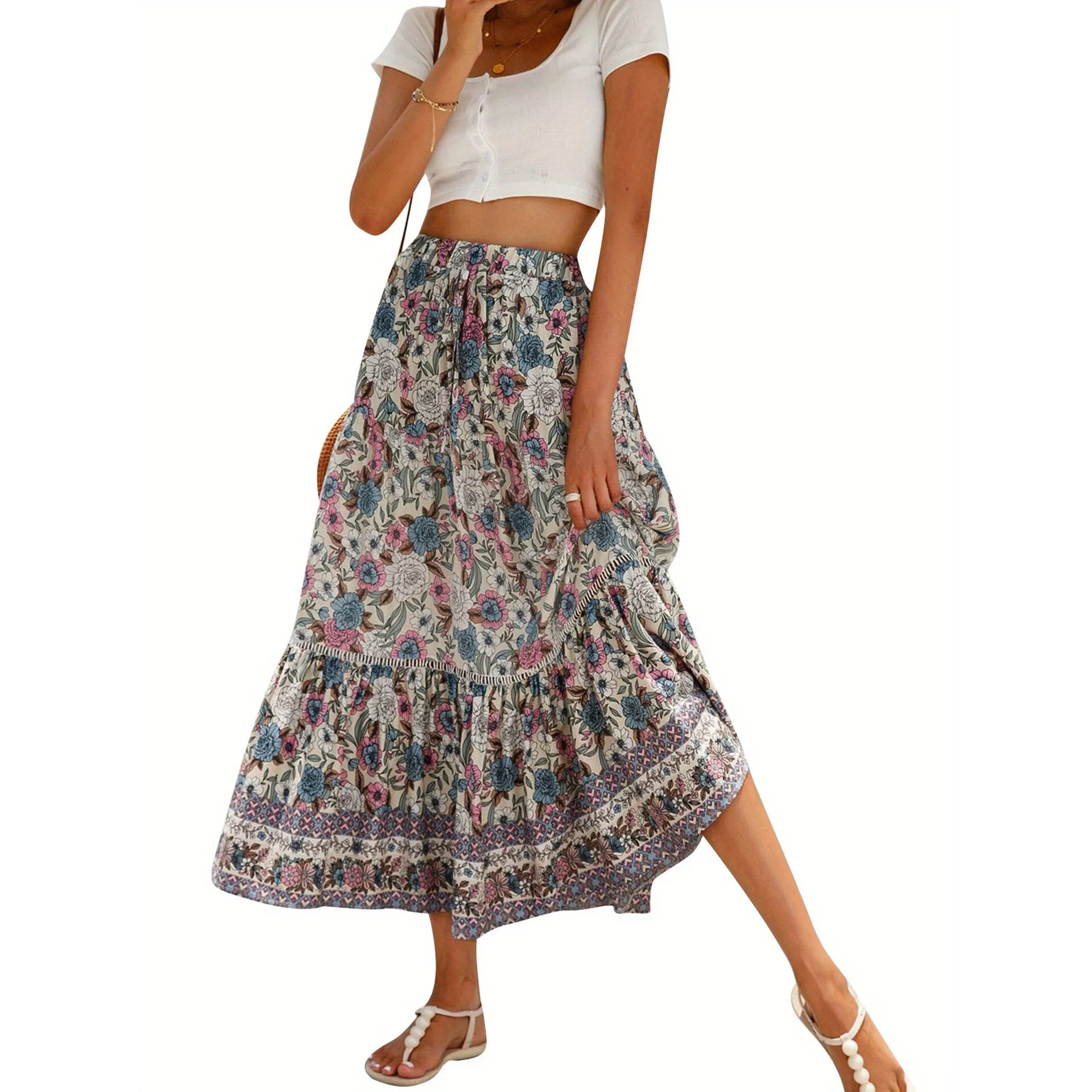 

Bohemian Long Skirt P 13125 Lace Trim Maxi Skirt Women's Fashion Spring Season Neutral Waist Design Other Fabric Process