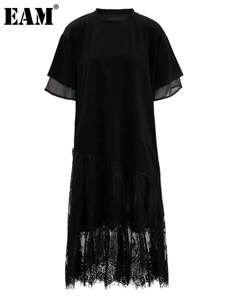 [EAM] Women Black Lace Hem Elegant Big Size Long Dress New Round Neck Short Sleeve Fashion Tide Spring Summer 2024 CPG1622