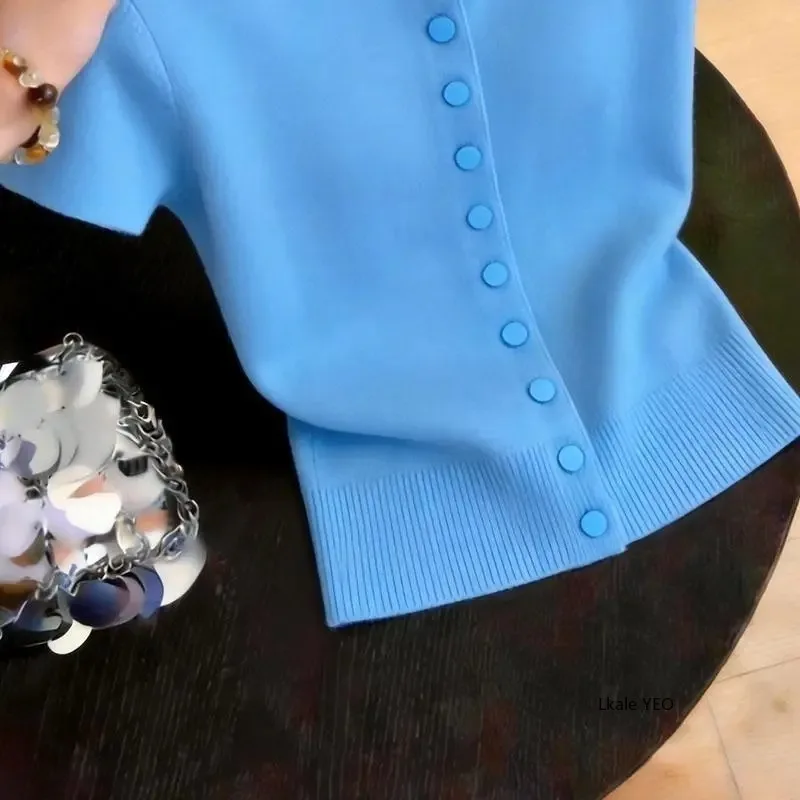 New 2026 Summer Stand-up Collar Short-sleeved Women's Knitted Cardigan Top Casual Single-breasted Solid Color Ladies T-shirt