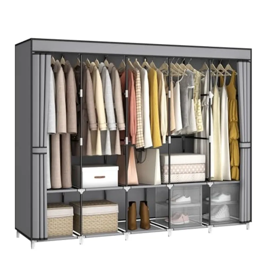 

83 Inch Wide Portable Closet Wardrobe Clothes Storage Rack Organizer with Cover 5 Clothes Hanging Rods and 10 Storage Shelves
