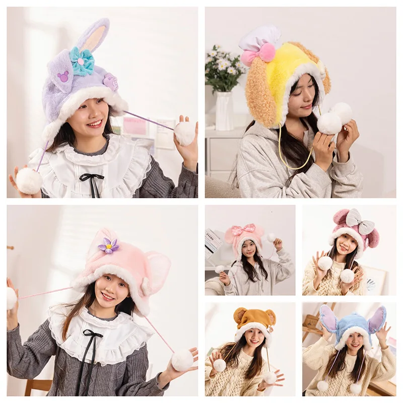 

Cartoon Anime Hat ShellieMay Duffy Bear LinaBell Stitch Plush Hat Winter Warm Fluffy Caps with Pom Poms Xmas Gifts Girl Women