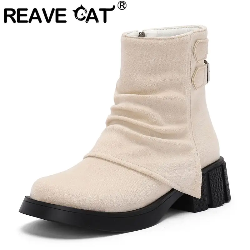 

REAVE CAT Vintage Women Ankle Booties Round Toe 4.5cm Block Heel Zipper Flock Suede Belt Buckles Dating Bota Plus Sizes 42-43