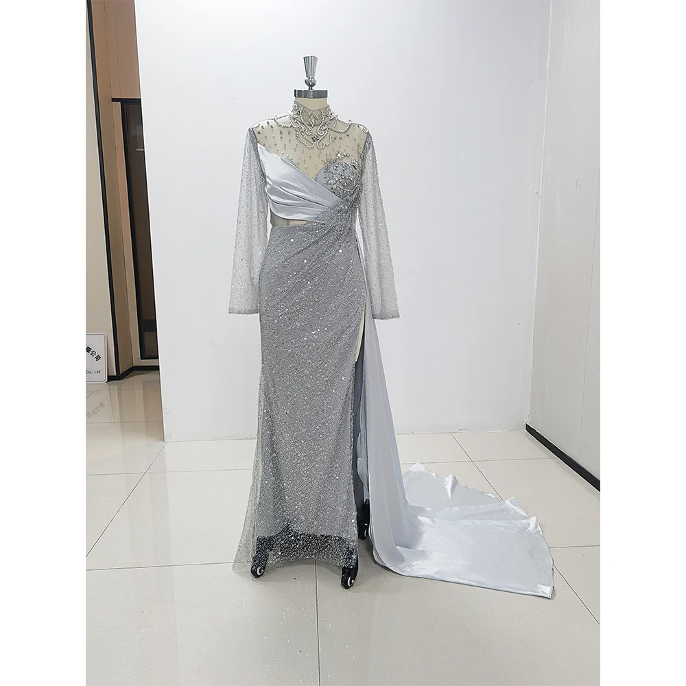 

Изысканные вечерние платья с блестками и бусинами, модные плиссированные платья русалки с высоким воротником, длиной до пола, с разрезом по бокам, платья для выпускного вечера