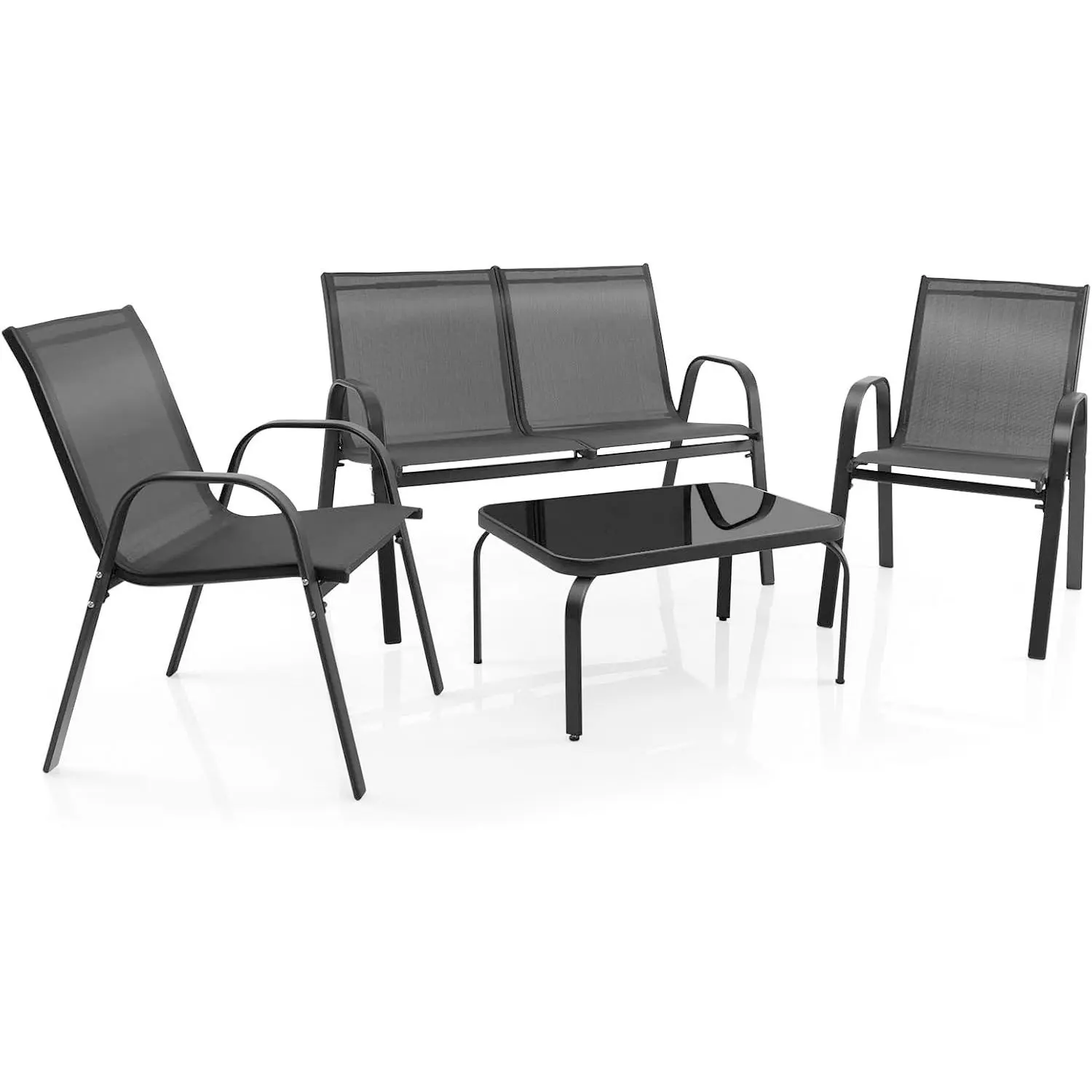 4-teiliges Gartenmöbel set, 4-Personen-Gartenmöbelset mit Couch tisch aus gehärtetem Glas für Garten und Terrasse