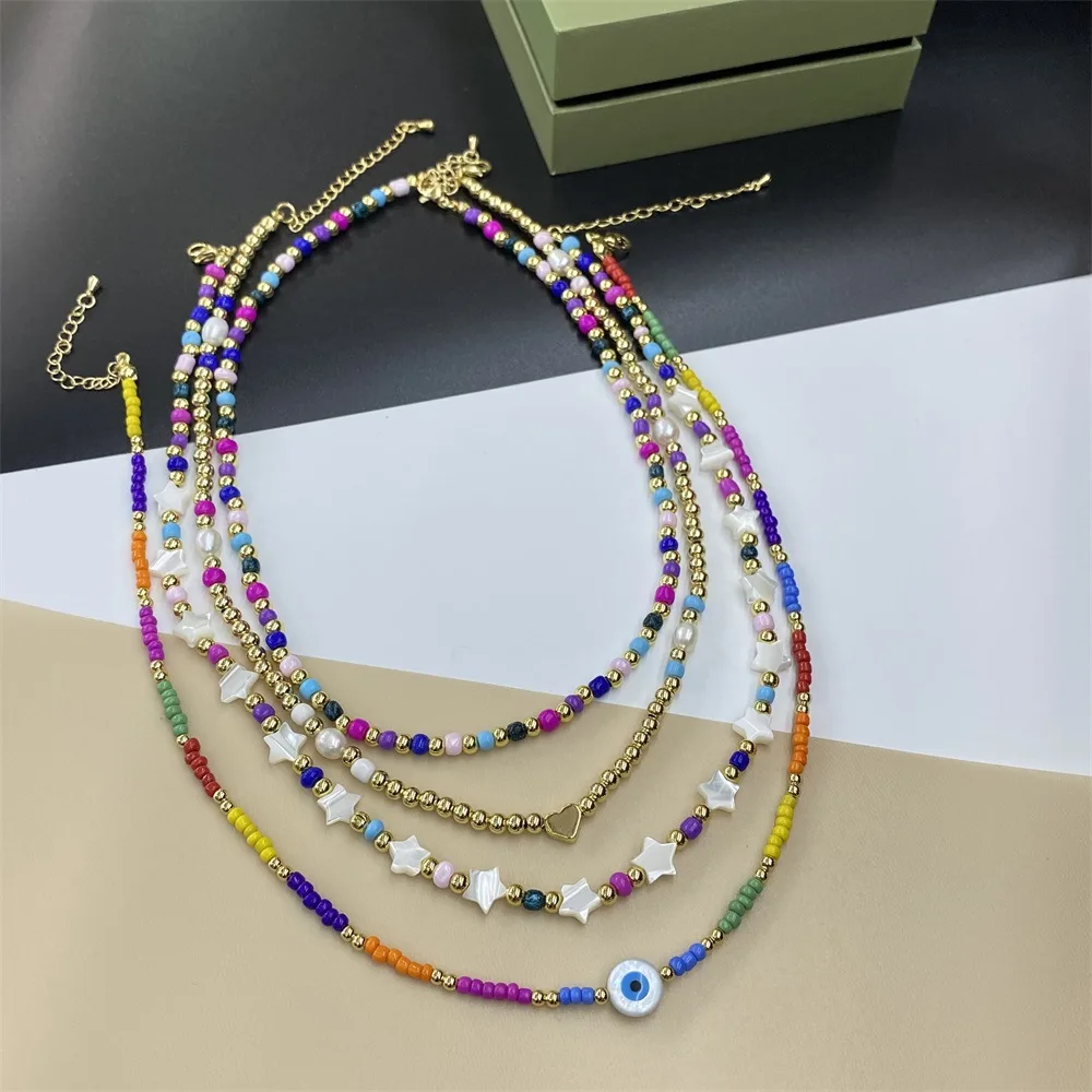 KKBEAD Shell Star Evil Eye Necklaces Boho Style Handmade Beaded Choker Necklace for Women Hight Quality Gold Plated Jewellery