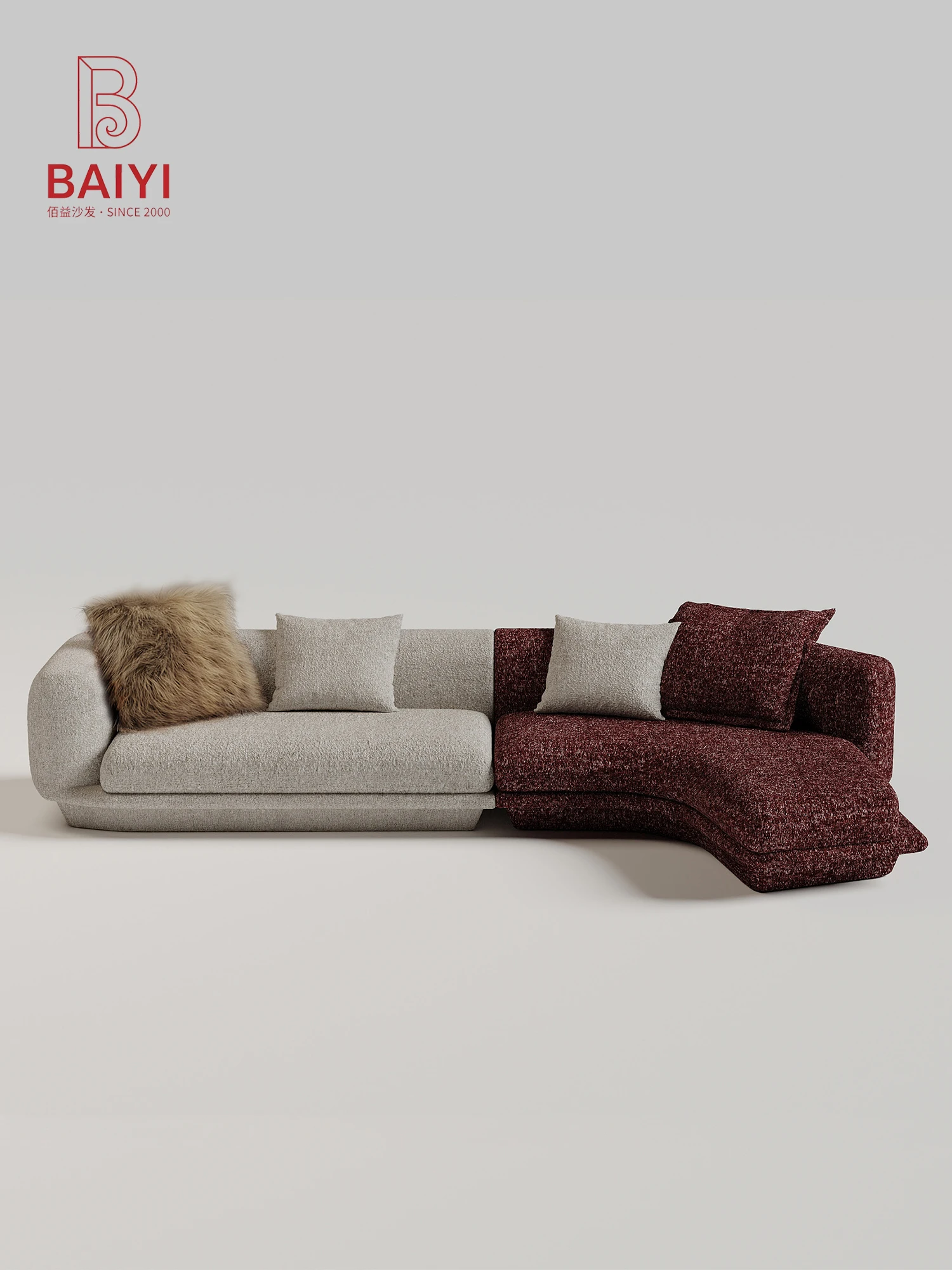 Ivory And Burgundy Two Tone Modular Sofa Curved Chaise Boucle Upholstery Wraparound Armrest For Living Room Villa Bedroom