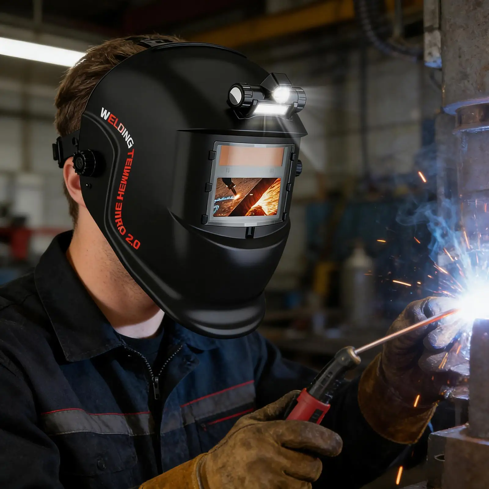 Auto Darkening Welding Helmet Adjustable Head Cover With Light Welder Hood Masque For Workshop Garage Job Site Automotive Repair