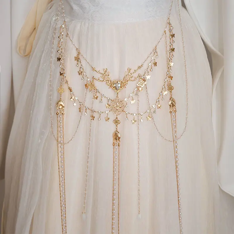 ‌ 수제 한복 허리 체인 - 긴 진주 프린지 펜던트 당나라 스타일 중국 의상 액세서리 여성용 허리 장식