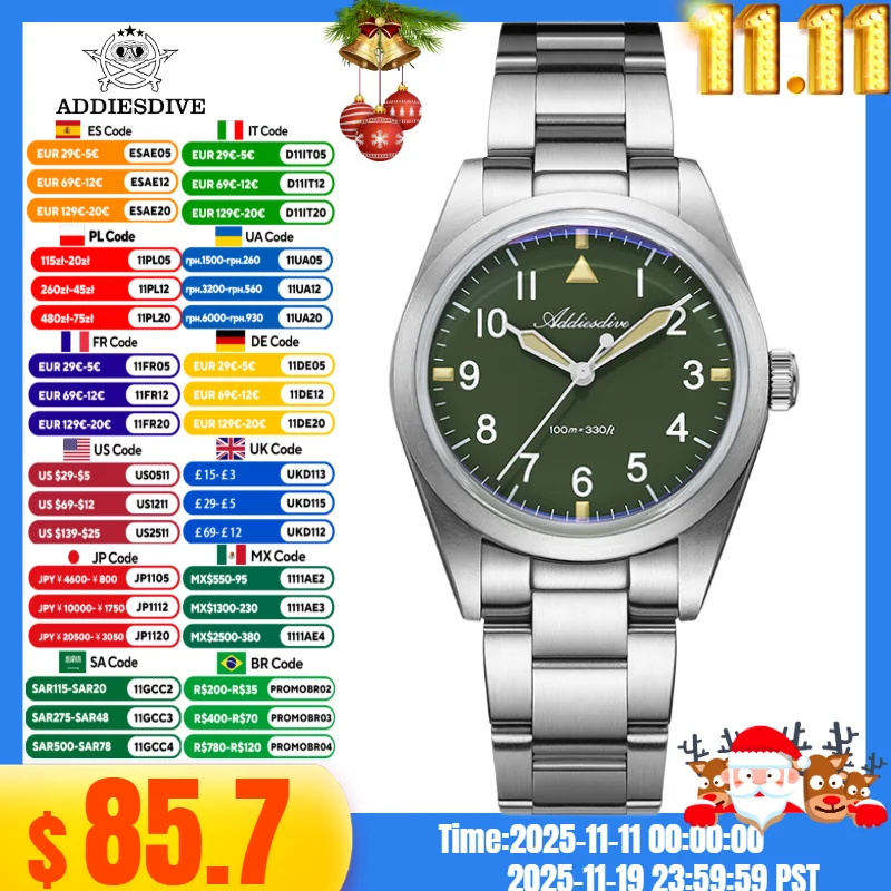 

ADDIESDIVE 36mm Watch For Men Titanium Alloy 100M Waterproof VH31 Movement Bubble Mirror Glass Luminous Quartz Watches AD2502