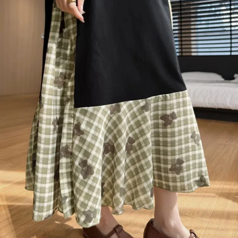 ルーズ婦人服 2025 夏プラスサイズの女性の Tシャツドレスチェック柄パッチワーク Vestidos プリント花女性ローブ KE7795