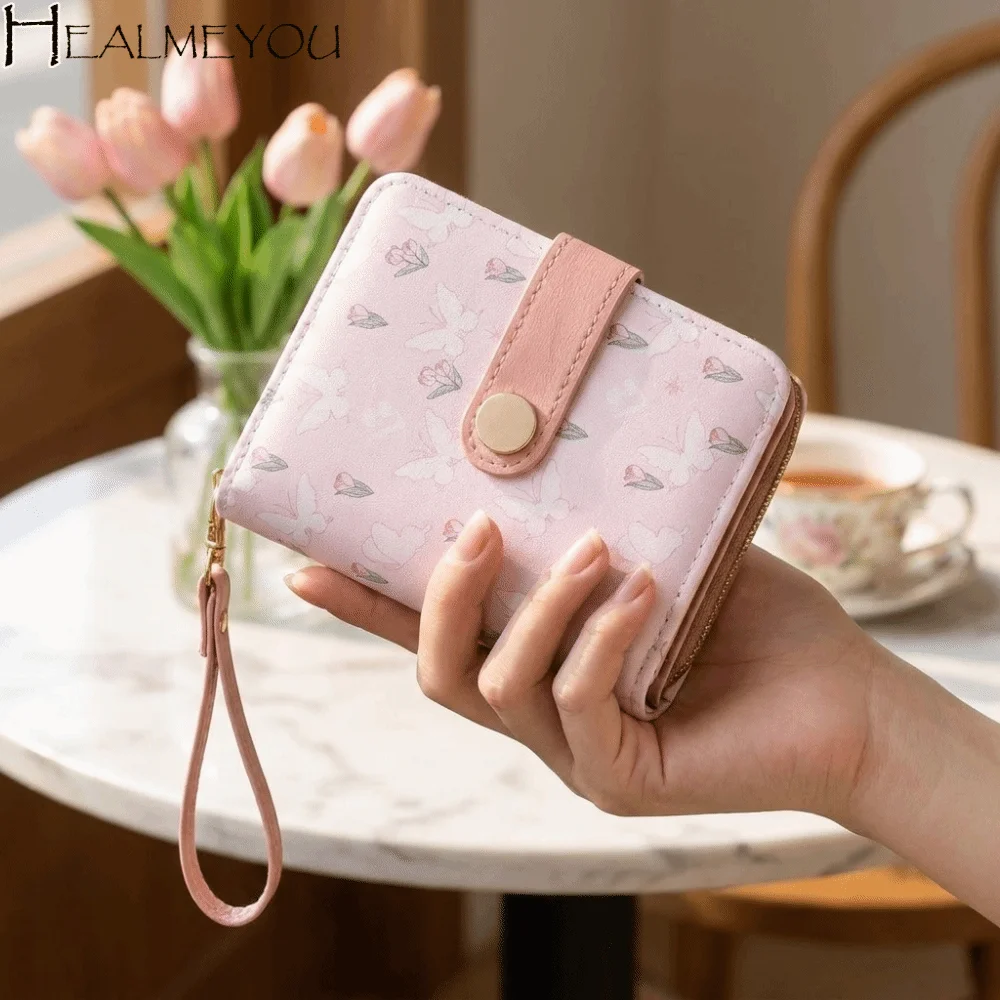 

Multifuctional Polka Dots Wallet Zipper Closure Snap Button Leather Short Wallet Floral Print With Wristlet Strap Bow Coin Purse