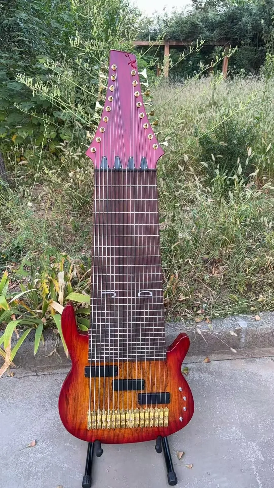 17 String Electric Bass Guitar 24 Frets Cherry Sunburst Flame Top Gloss Finish Gold Hardware