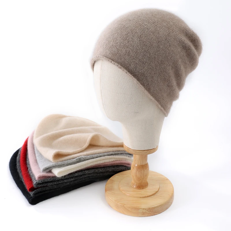 2024 New Winter 100% Cashmere Knitted Unisex Warm Hat High Quality Solid Leisure Sleeve Hat Men's And Women's High Quality Hat