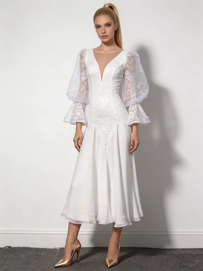 Modernes Tanzkleid für Damen mit Laternenärmeln Walzer-Tanzkleidung Elegantes Ballsaal-Wettbewerbskleid für Erwachsene Gesellschaftstanz-Kleid – Detail 8