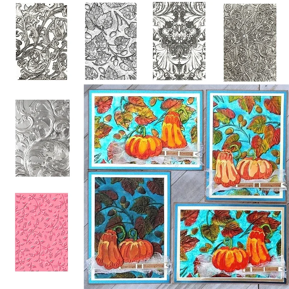 Autumn Vintage 3D Embossing Folders, Fall Leaf Pumpkin Floral Texture Embossing Plate for Thanksgiving Card Making Scrapbook DIY