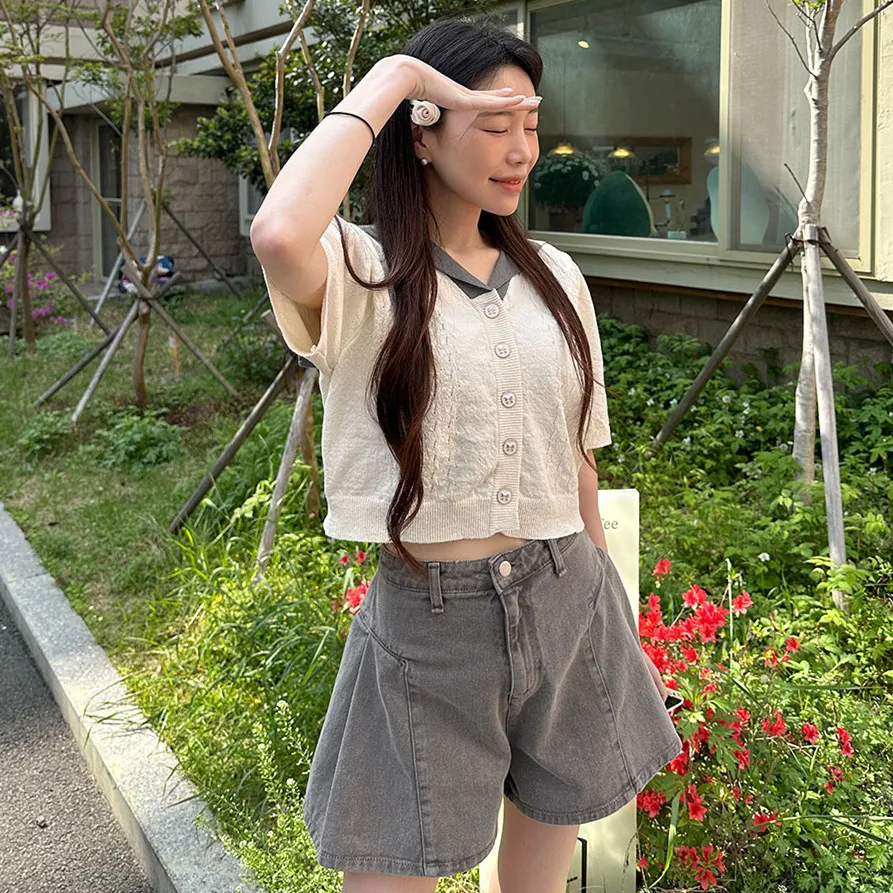 2026 New Chic Korean Style Pure Color Side Pleated High Waist Wide Leg Denim Shorts Versatile Summer Ladies Loose Fit Jeans