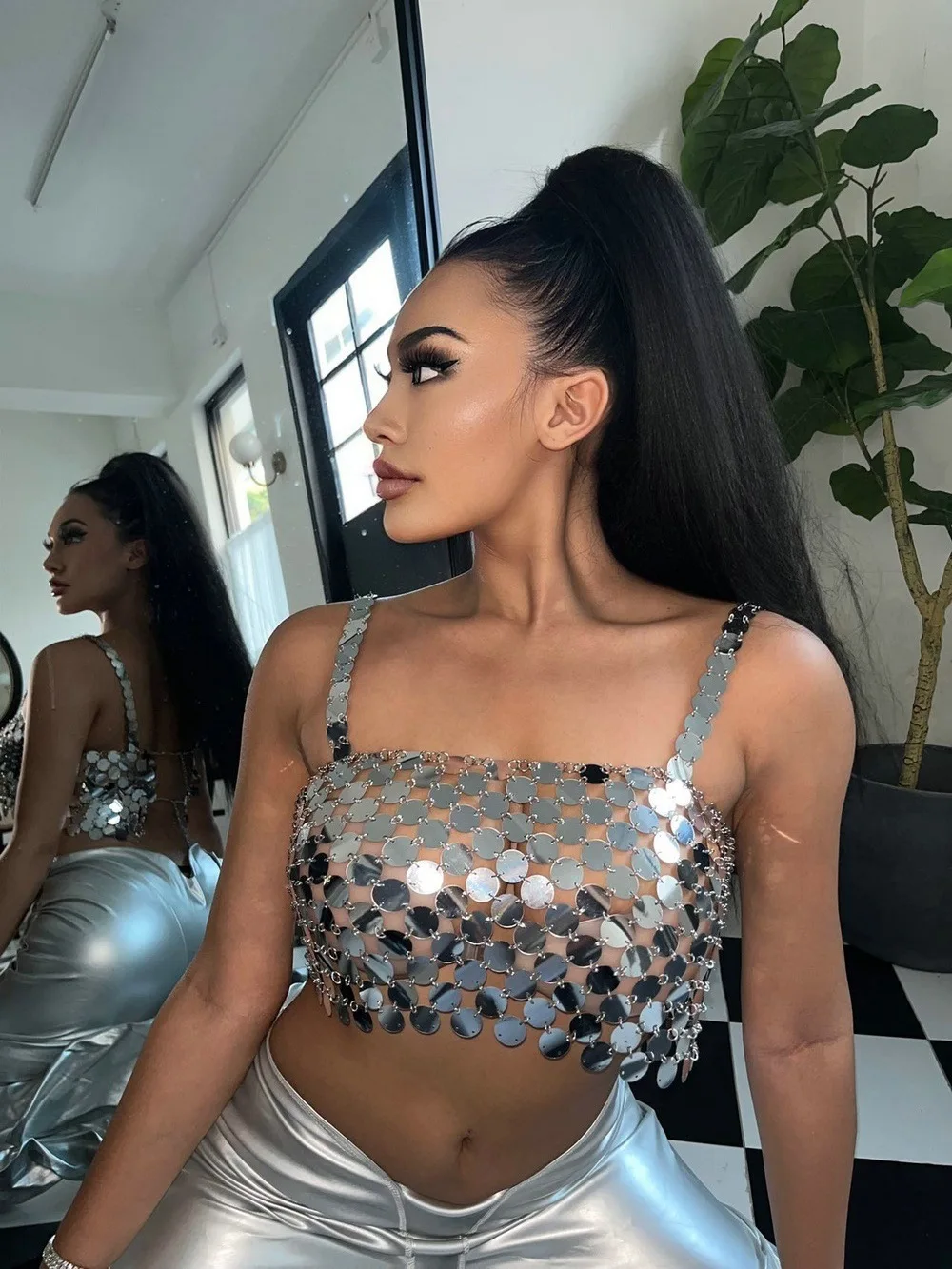 

Silver Glitter Small Bead Suspender Sexy Backless Vest LBZ20397