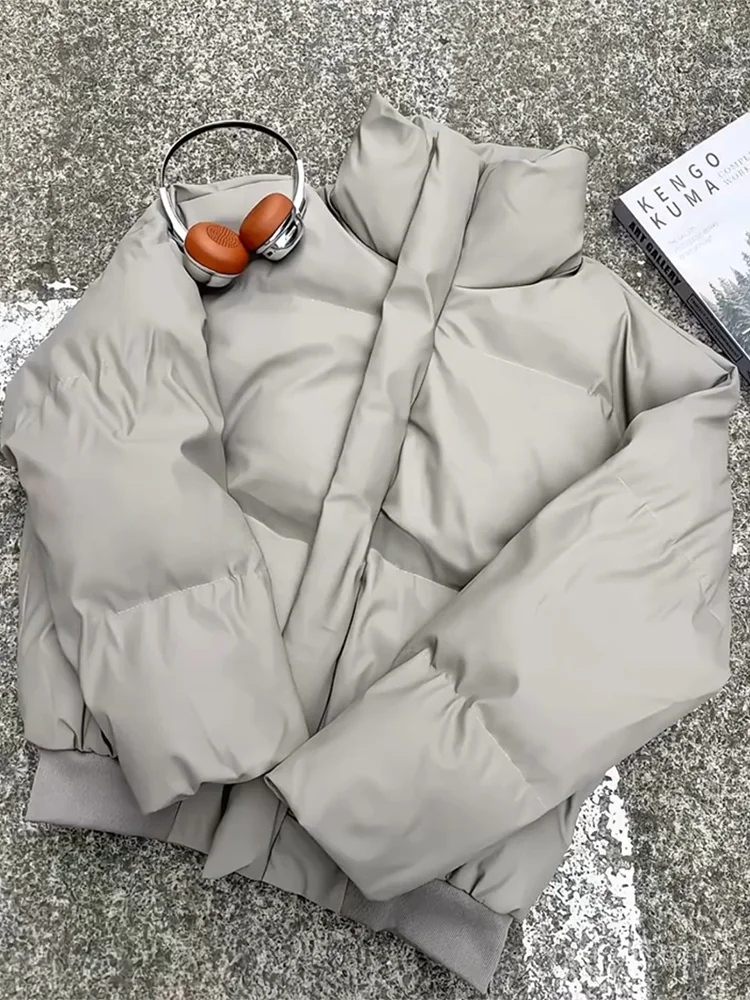 

ay Stand Collar PU Leather down Cotton Jaet Thiened Winter Coat Men Women Faion Brand High End Bread Sle Outerwear