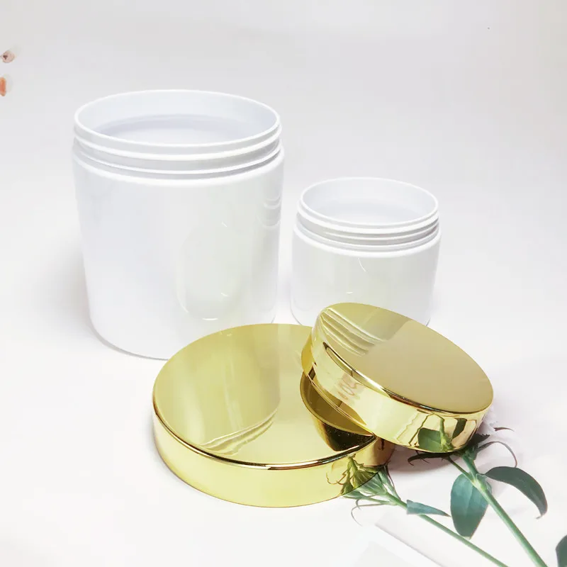 10/30/50pcs 50-500g White Plastic Jar With Bright Gold Lids Empty Mask Jar Cosmetic Containers Makeup Box Travel Bottle