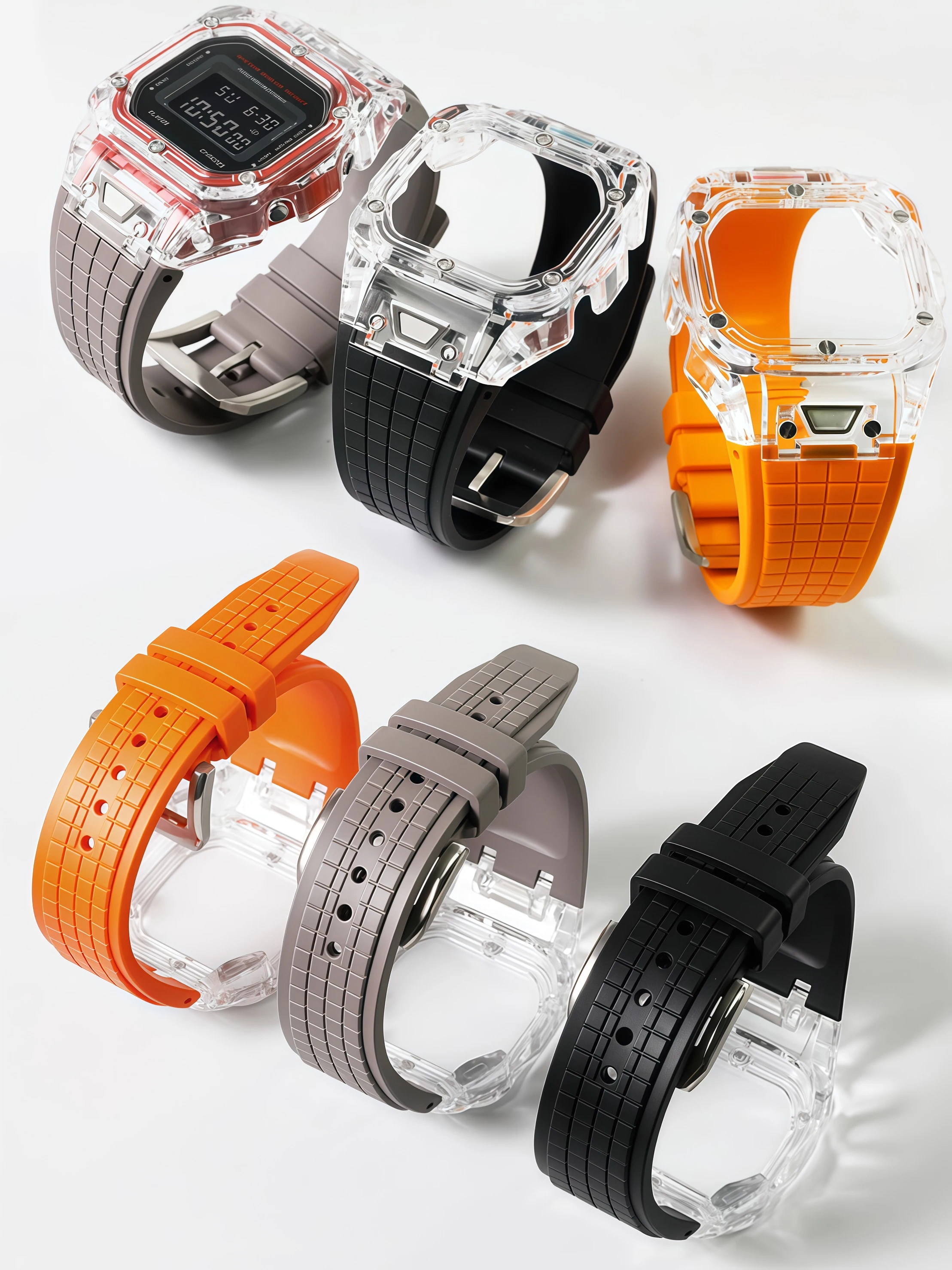 Clear Case & Fluoroelastomer (FKM) Rubber Strap - Custom Mod Kit for Casio small square Series DW5600 GW-5000 B5600 Modified