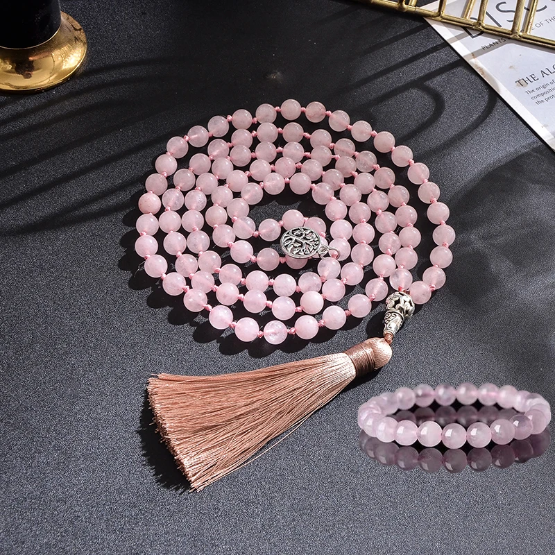 

8mm Rose Quartz Necklace Bracelet Set 108 Mala Beads Jewelry Meditation Yoga Prayer Japamala for Women