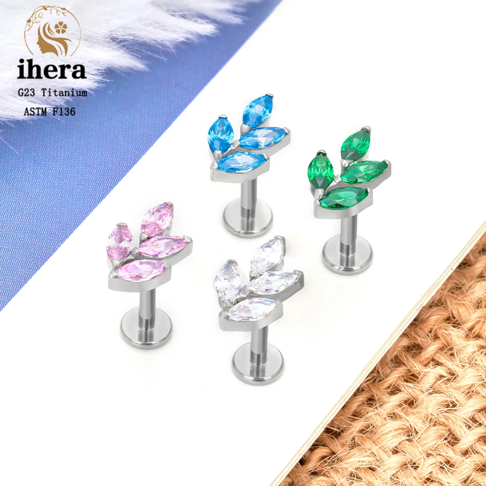 Flower Leaf Pattern Piercing Ear Studs CZ Paved Top F136 Titanium Labret Lip Stud Tragus Cartilage Conch Daith Earrings Jewelry