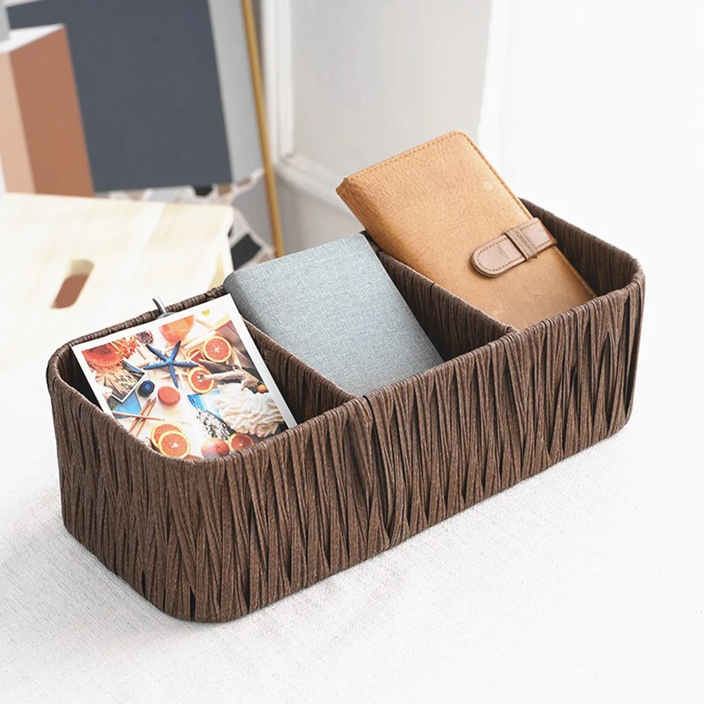 

Woven Storage Basket Multi-Functional 3-Compartment Organizer For Home Bedroom Office Decorative Storage Box Imitation