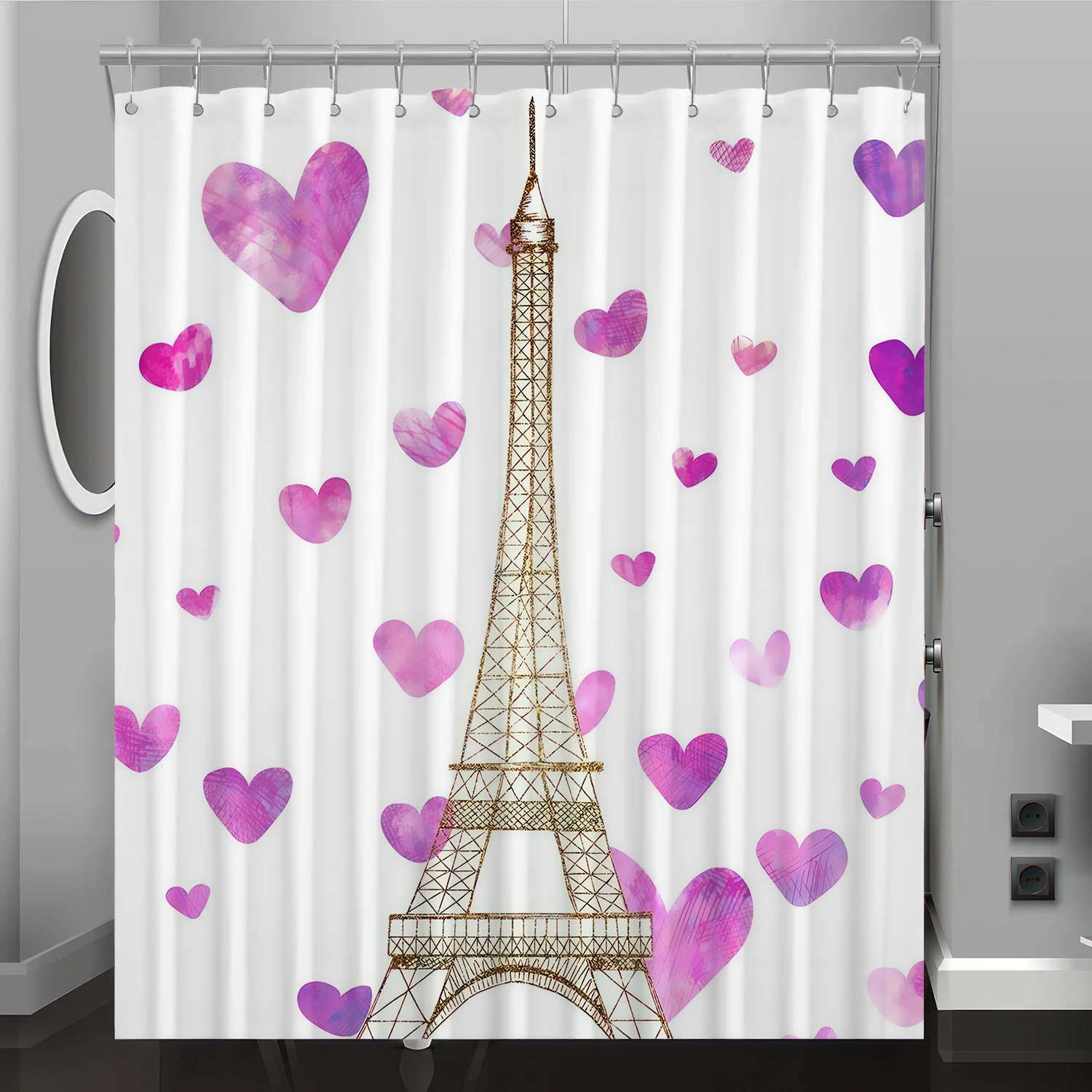 Romantic Eiffel Tower Pattern Digital Print Shower Curtain, Bathroom Renovation Home Decoration, Free Hooks