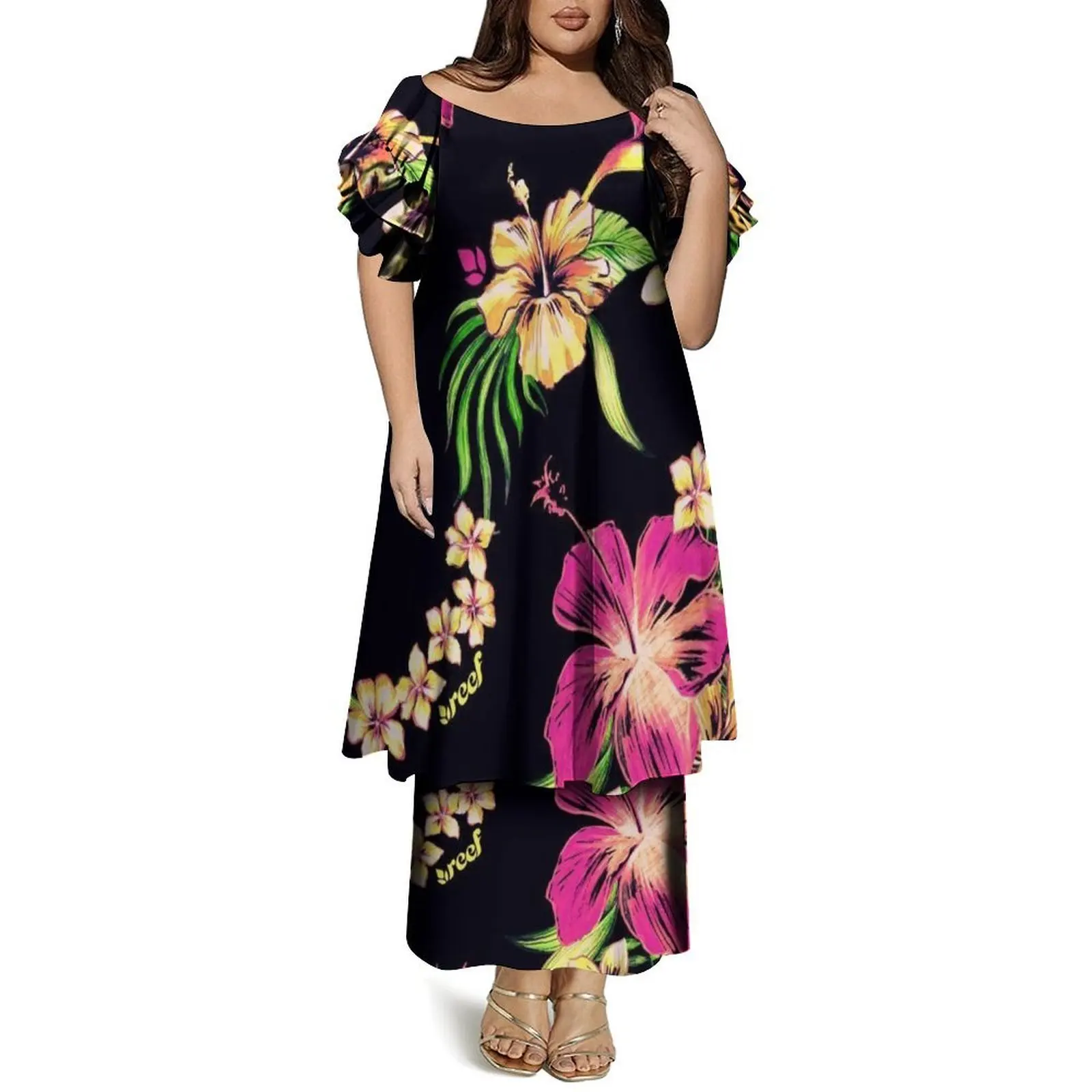 Manga borboleta em torno do pescoço manga dupla camada puletasi padrão floral personalizado solto vestido casual para mulher