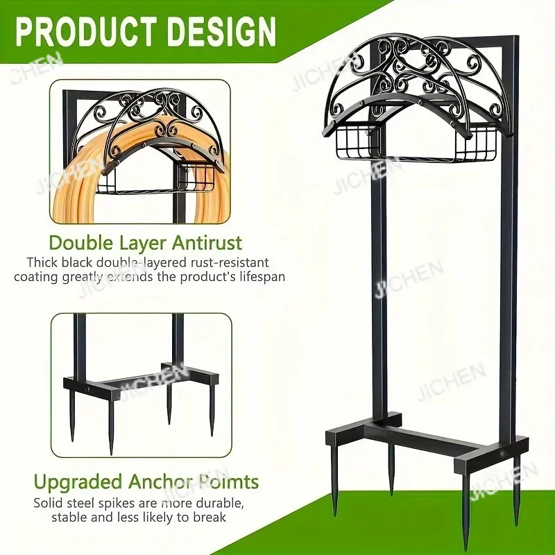 

Metallic wrought iron garden hose bracket, heavy duty matching basket for outdoor water pipe storage