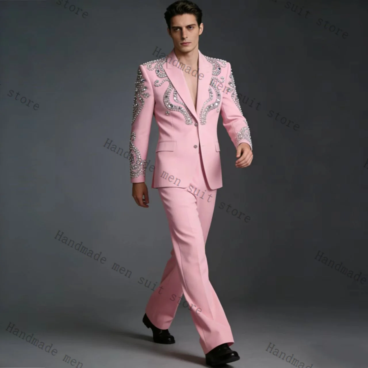 

Pink Crystals Men Suit Set 2 Piece Blazer+Pants Spring Cotton Prom Wedding Tuxedos Coat Customized Formal Office Fashion Jacket