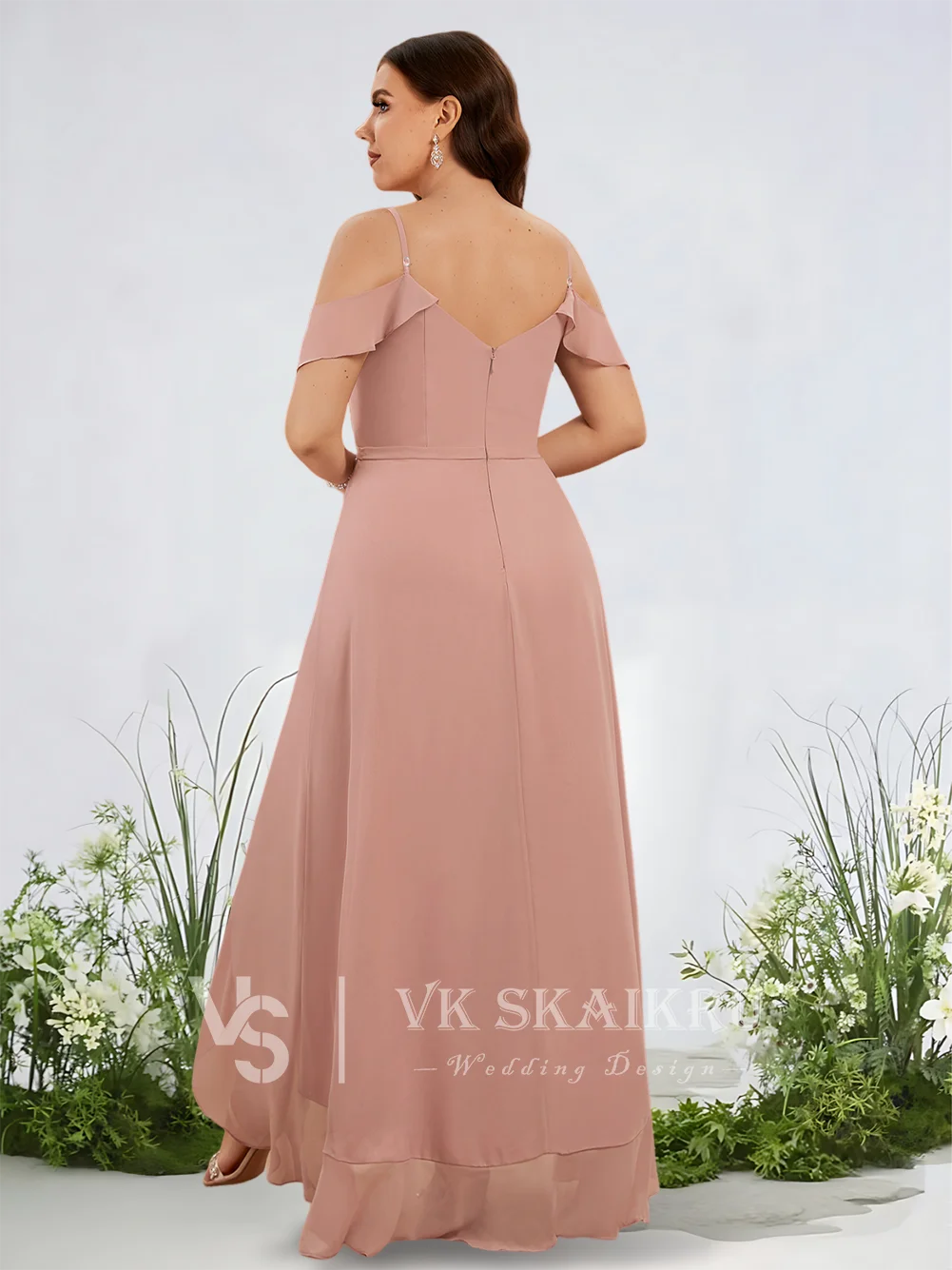 B Ethereal A-Linie Brautjungfernkleider, mattiertes Flieder, V-Ausschnitt, asymmetrisches Chiffon-Gartengala-Hochzeitskleid, kaskadierende Rüschen