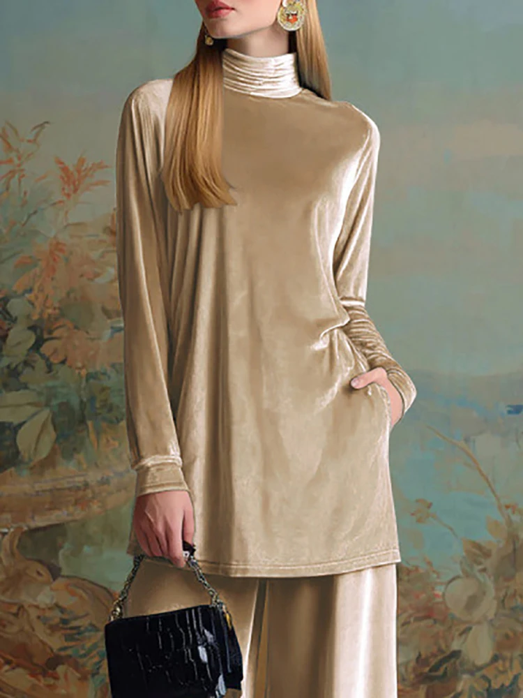 

Элегантный темпераментный офисный костюм, повседневный однотонный наряд с высокой талией, осенняя женская водолазка, топ с длинными рукавами и широкие брюки, комплект