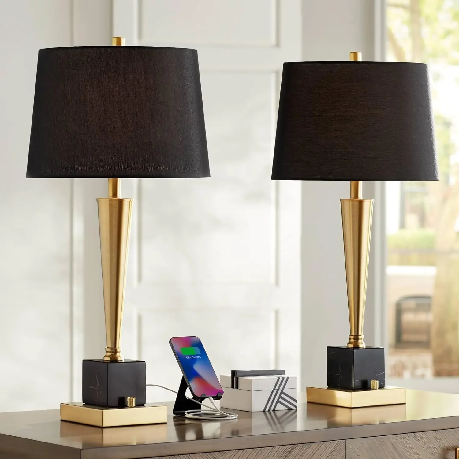 

Possini Euro Design Wayne Modern Table Lamps 29 1/4" Tall Set of 2 with USB Charging Port Brass Gold Black Tapered Drum Shade fo