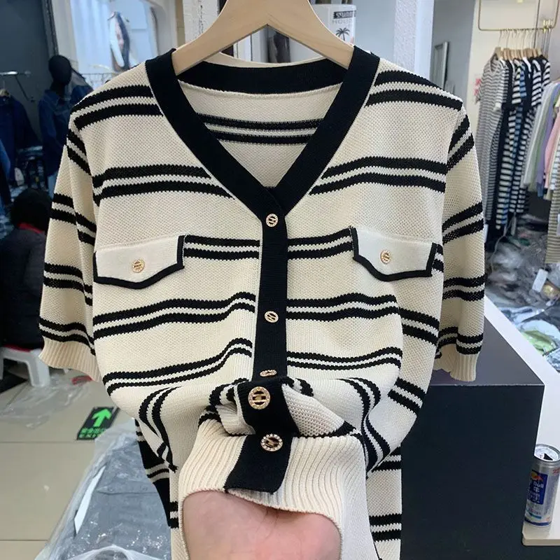 

Striped Ice Silk Short-sleeved T-shirt Women Summer New Style Small Fragrance Thin Breathable Loose Large-size Knitted Sweater