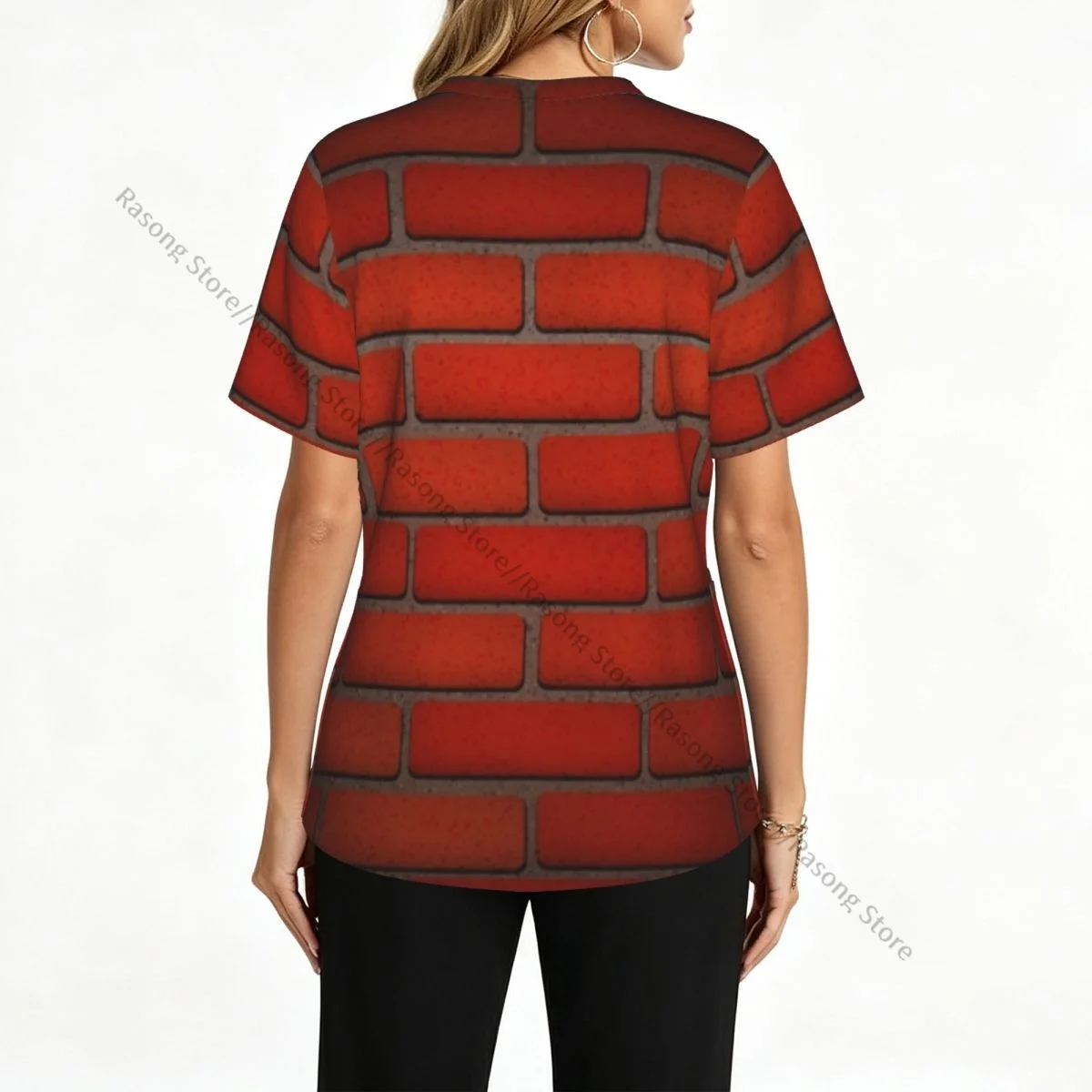 Women's Medical Scrub Top V Neck Short Sleeve Red Brick Texture Stretch Nursing Uniform for Hospital Clinic