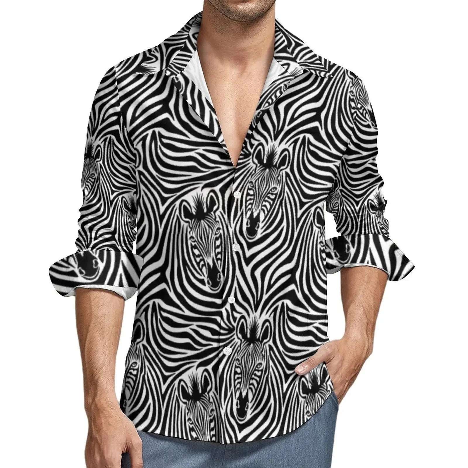 Novelty Black Stripe Zebra Hawaiian Long Sleeve Flower Shirt Men Casual 3D Print Cool Blouse Plus Size Man Fashion Camisa Slim