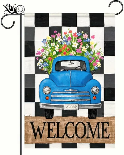 Garden Flag 12X18 Double-Sided Spring Decoration Vintage Blue Truck with Colorfu HHJ LLG
