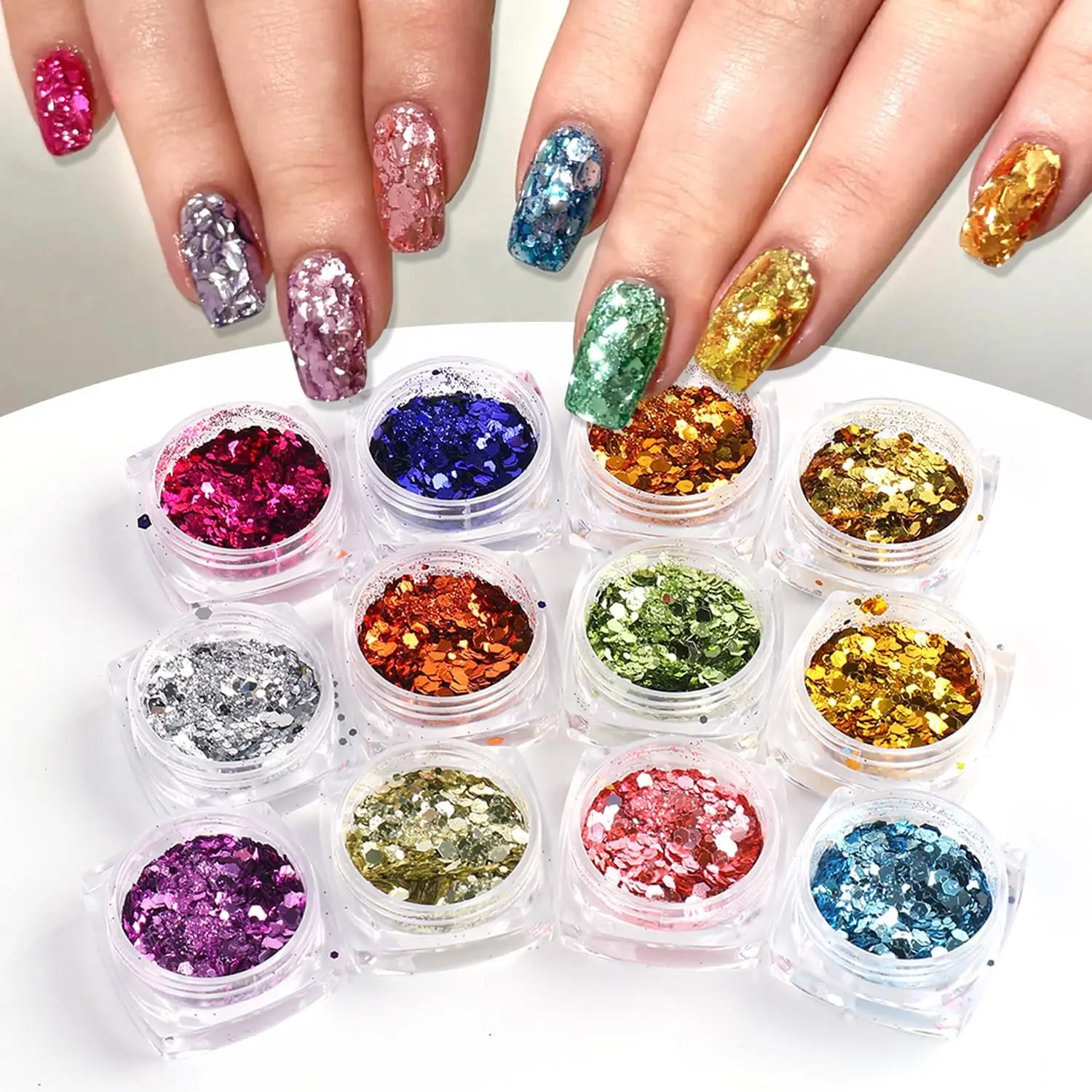 Holographic Chunky Glitter, 12 Colors Iridescent Chameleon Nail Glitter Sequins Sparkly Flakes for DIY Party Decorations