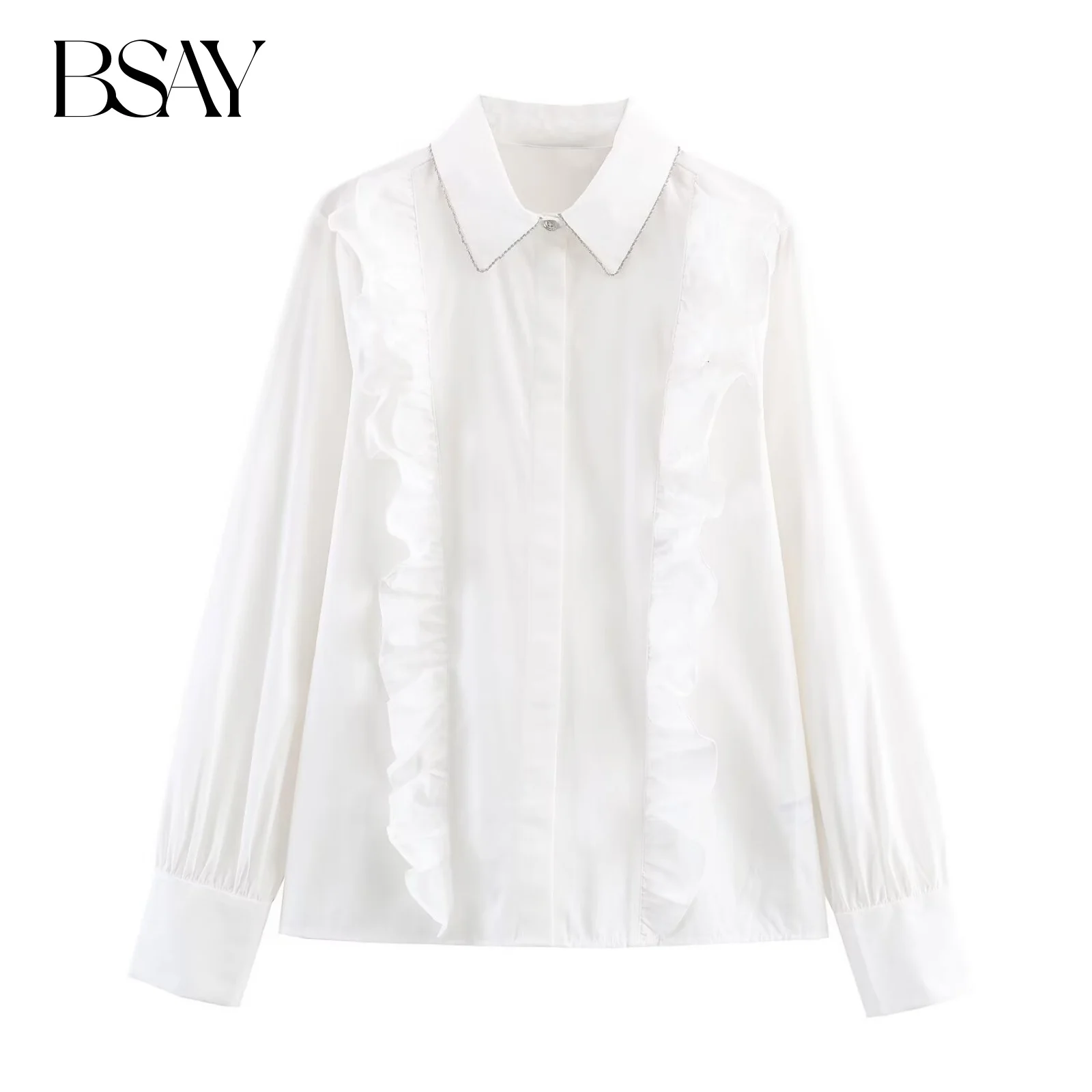 BSAY Popeline-Perlenhemd für Damen, modisch, Herbst und Winter, lange Ärmel, Reversbluse, Straßenkleidung, Hemden, schickes Damen-Top