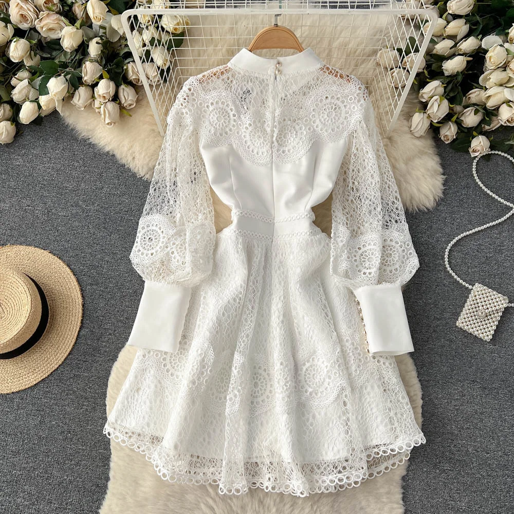 Vintage Flower Embroidery Hollow Out Lace White Dress Women's Stand Collar Long Lantern Sleeve Pearls Buttons Party Vestidos