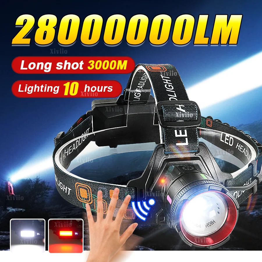 

НОВЫЙ светодиодный налобный фонарь высокой мощности 28000000LM, супер яркий светодиодный сенсорный фонарь, перезаряжаемый налобный фонарь, налобный фонарь для рыбалки и охоты