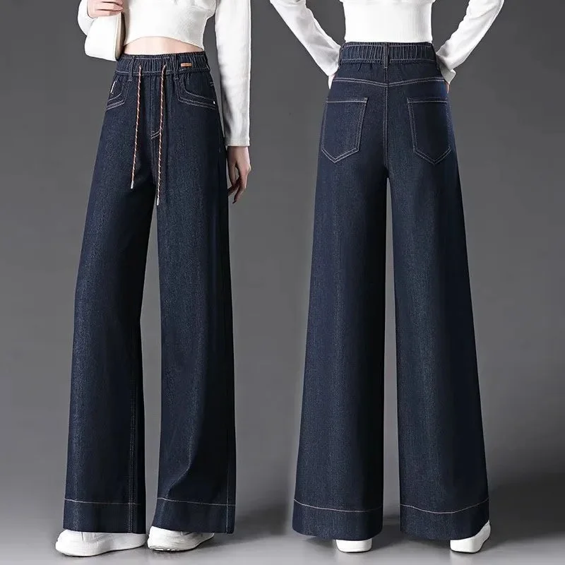 

Retro Femme Large Size 4xl Wide Leg Denim Pants Autumn Ladies Elastic Waisted Cowboy Trouser Women High Waist Straight Leg Jeans