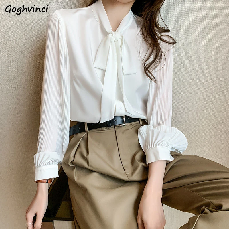 

Women Formal Business Shirts Solid White All-match Tender Professional Clothes Chiffon Bow Mature Pleated Sleeve French Vintage