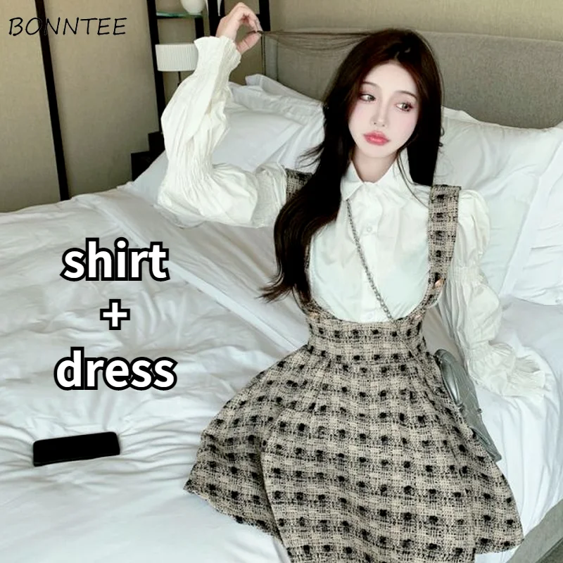 Women Sets Korean Style Puff Sleeve Shirts Plaid Mini Dress 2 Pieces Outfits Autumn Elegant Sweet Harajuku Female Chic Casual