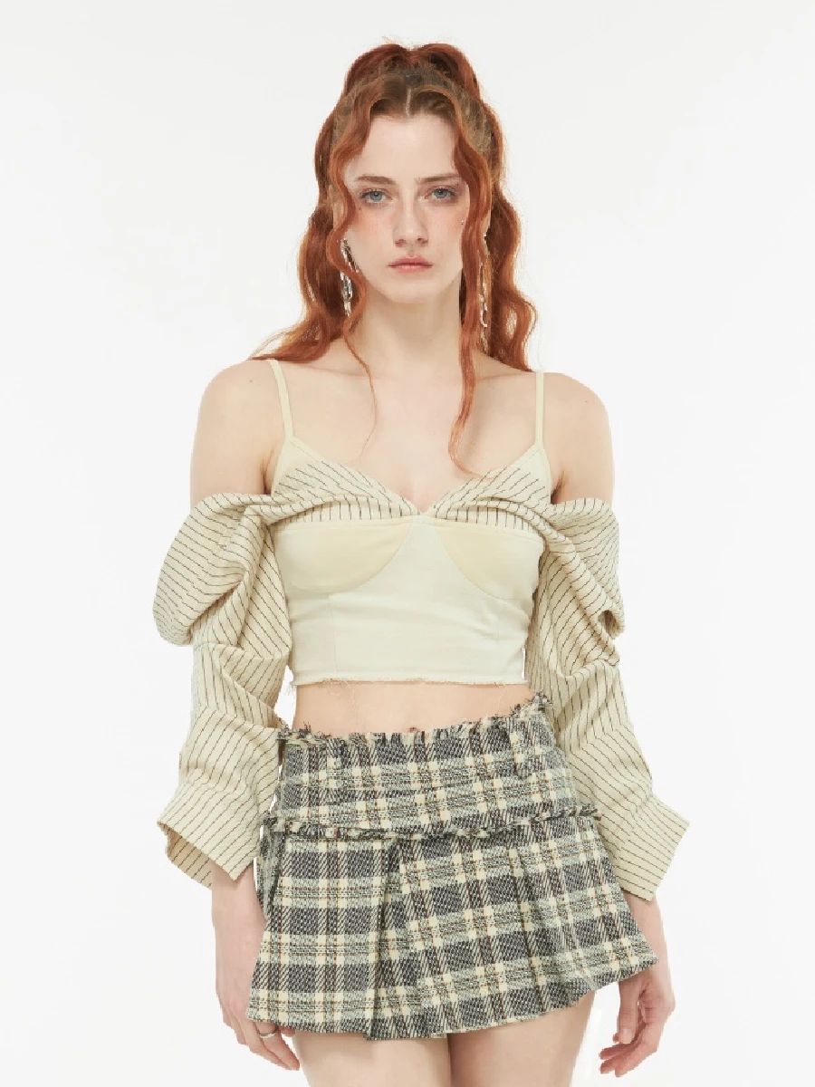 

Оригинальный дизайн: полосатый топ с открытыми плечами, пэчворк, складчатый подол, женский укороченный жилет, летняя модная женская одежда